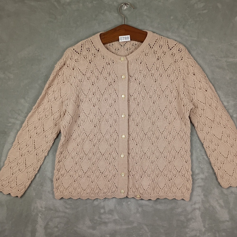 Vintage Cottage core Pointelle Knit Cardigan Womens L Tan Scalloped Diamond Open
